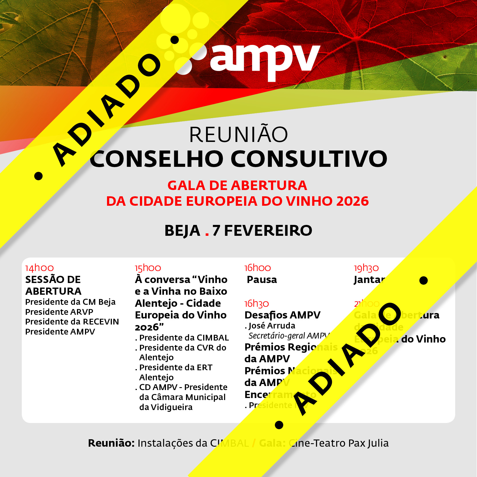 Cancelamento da Gala de Abertura da CEV 2026 e da reunião do Conselho Consultivo da AMPV